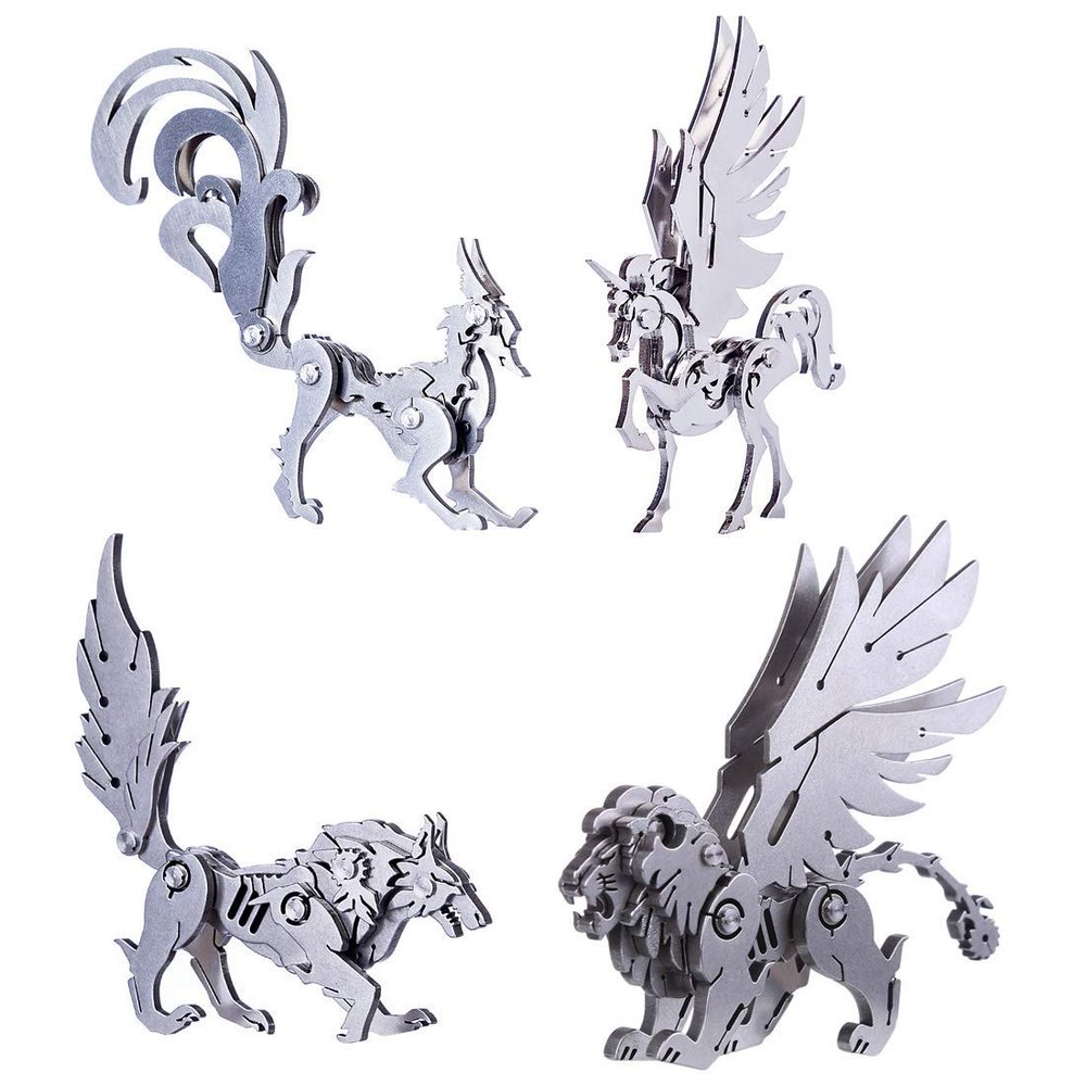 4 Pack 3D Metal Puzzle Model Set - Lion, Fox, Wolf, and Horse - Assembly Detachable DIY Ornaments - Perfect for Adults
