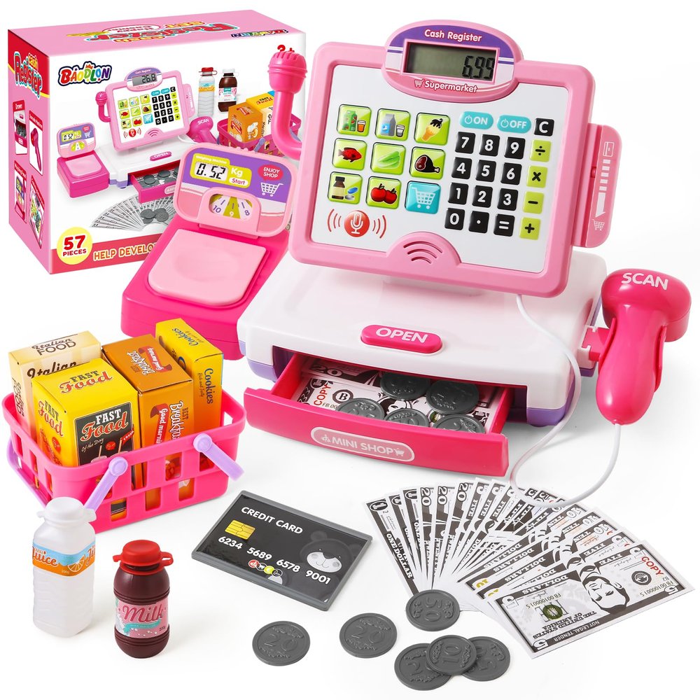 Play Calculator Cash Register Toy Gift for Kids Girls Age 3, 4, 5, 6, 7, 8+ Year Old, 57 Pcs Pink Pretend Grocery Store Playset, Incl Microphone, Credit Card, Scanner, Fake Food, Play Money for Kids