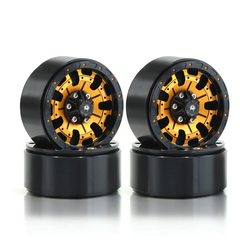 Chanmoo 1.9 RC Beadlock Wheels Rims With 12mm Hex 1.9 Inch Metal Wheel Hub For 1/10 RC Crawler Car SCX10 SCX10 II 90046 SCX10 III TRAXXAS TRX4 Axial Tamiya CC01 D90 1.9 RC Crawler Tires 4PCS (Gold)