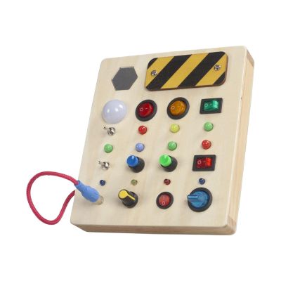 Almencla Wooden Busy Board, Busy Board with Toggle Switch, Development Toy, Sensory Learning LED Switch Board Wooden Toy for 1 2 3 4 Year Old Preschool