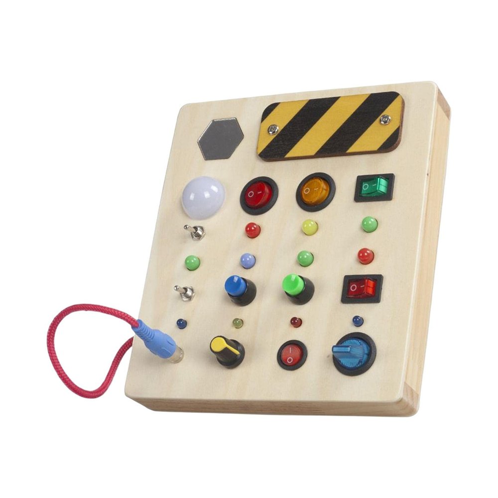Almencla Wooden Busy Board, Busy Board with Toggle Switch, Development Toy, Sensory Learning LED Switch Board Wooden Toy for 1 2 3 4 Year Old Preschool