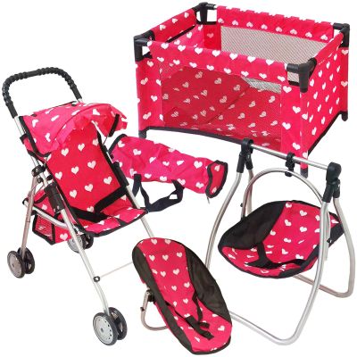 Deluxe Baby Doll Stroller with Crib Furniture Playset, Multi Baby Doll Accessories Set for 18" Dolls, Includes Doll Stroller Swing and Doll Bed Pretend Play for All Dolls - Pink