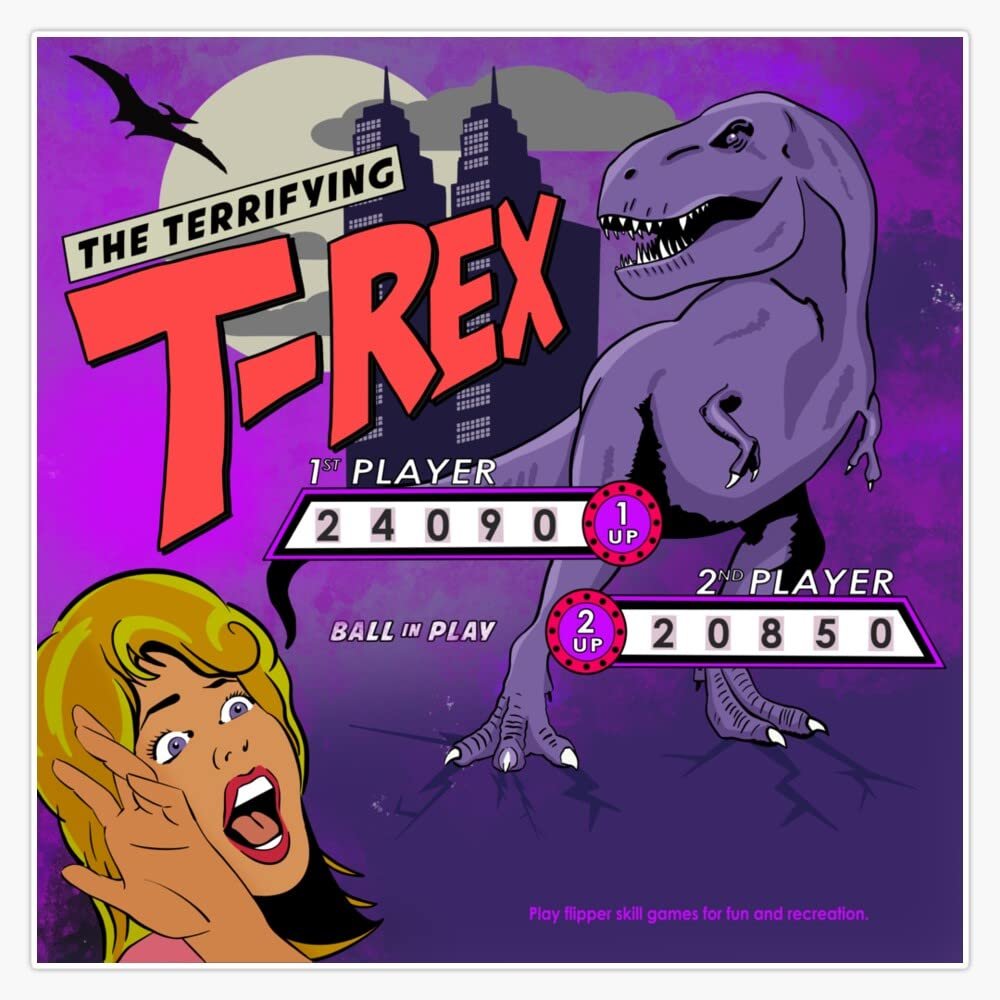 Terrifying T-Rex Retro Pinball Sticker Decal Size 5"