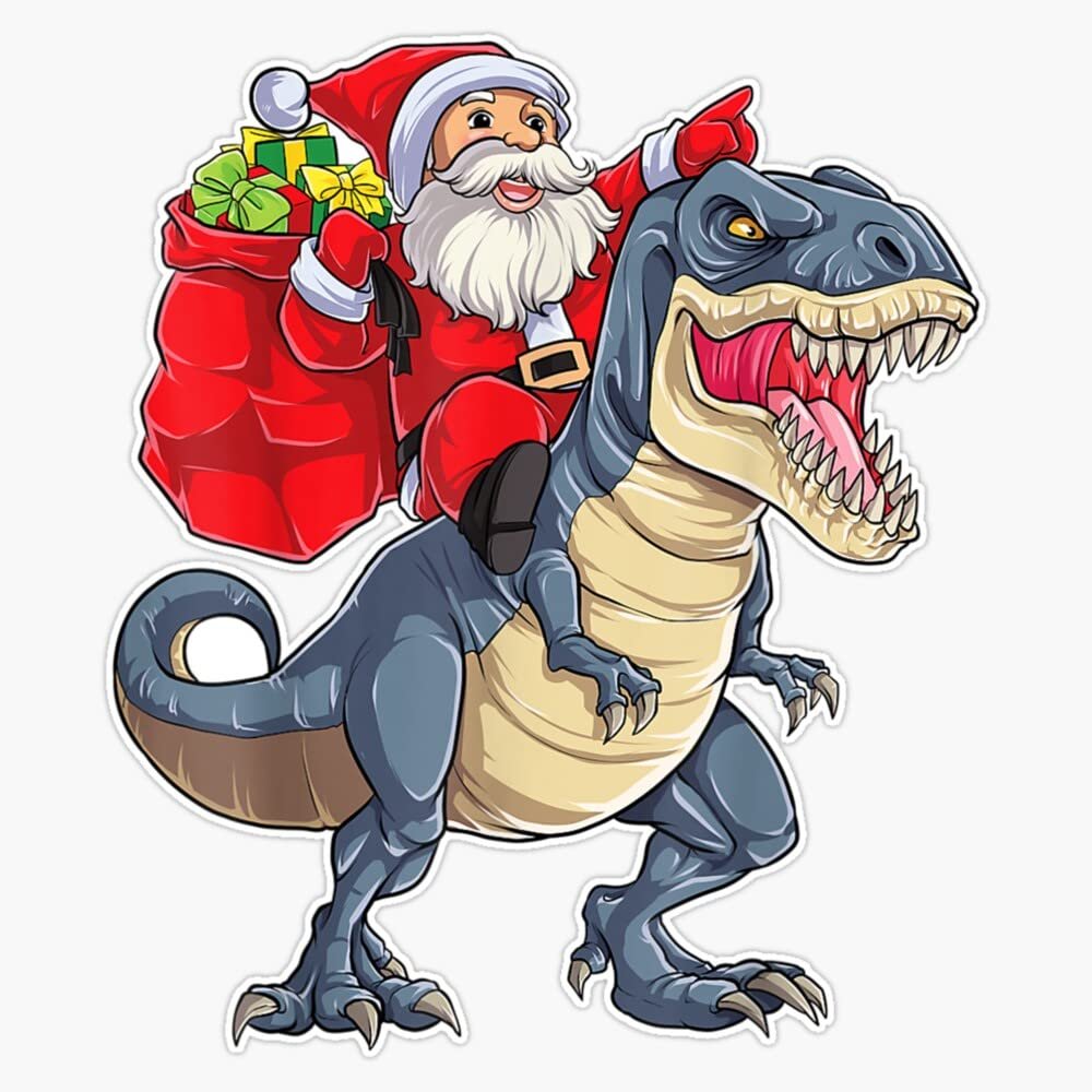 Santa Riding Dinosaur Funny Santa Christmas Sticker Decal Size 5"
