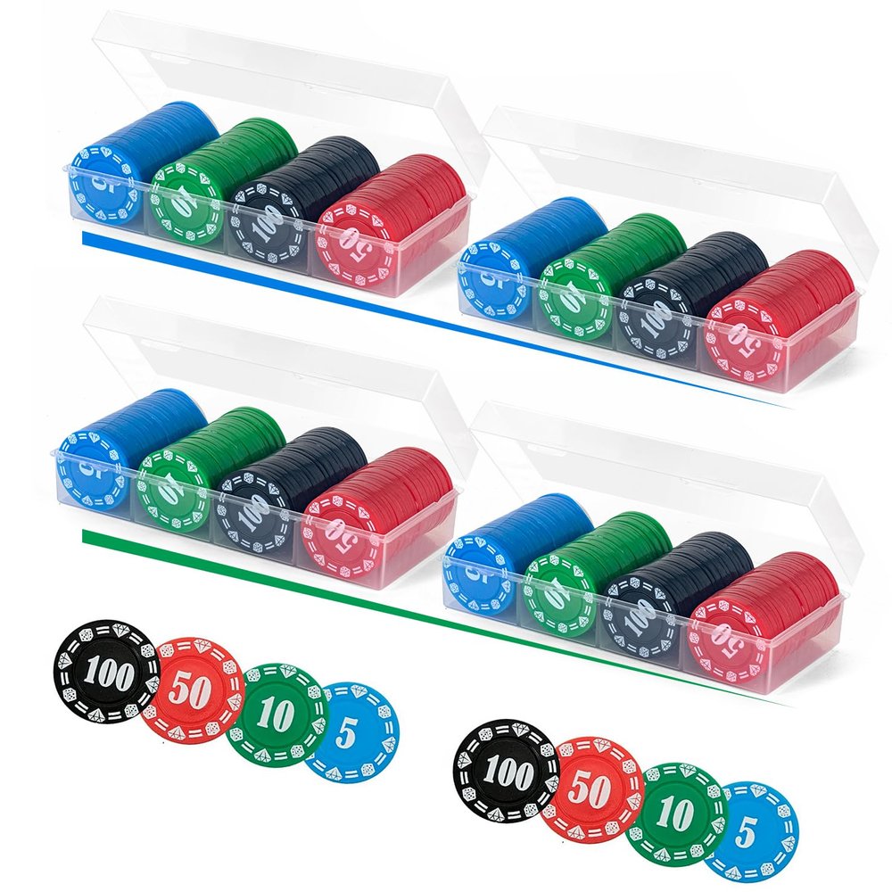 400 Plastic Poker Chips with Storage Box Set,Denomination Printed Casino Style Chip for Texas Home Game Holdem Poker Nights,Blackjack,Roulette Games,Casino Parties