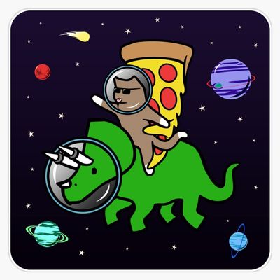 Cat and Pizza Riding Triceratops in Space Sticker Decal Size 5"