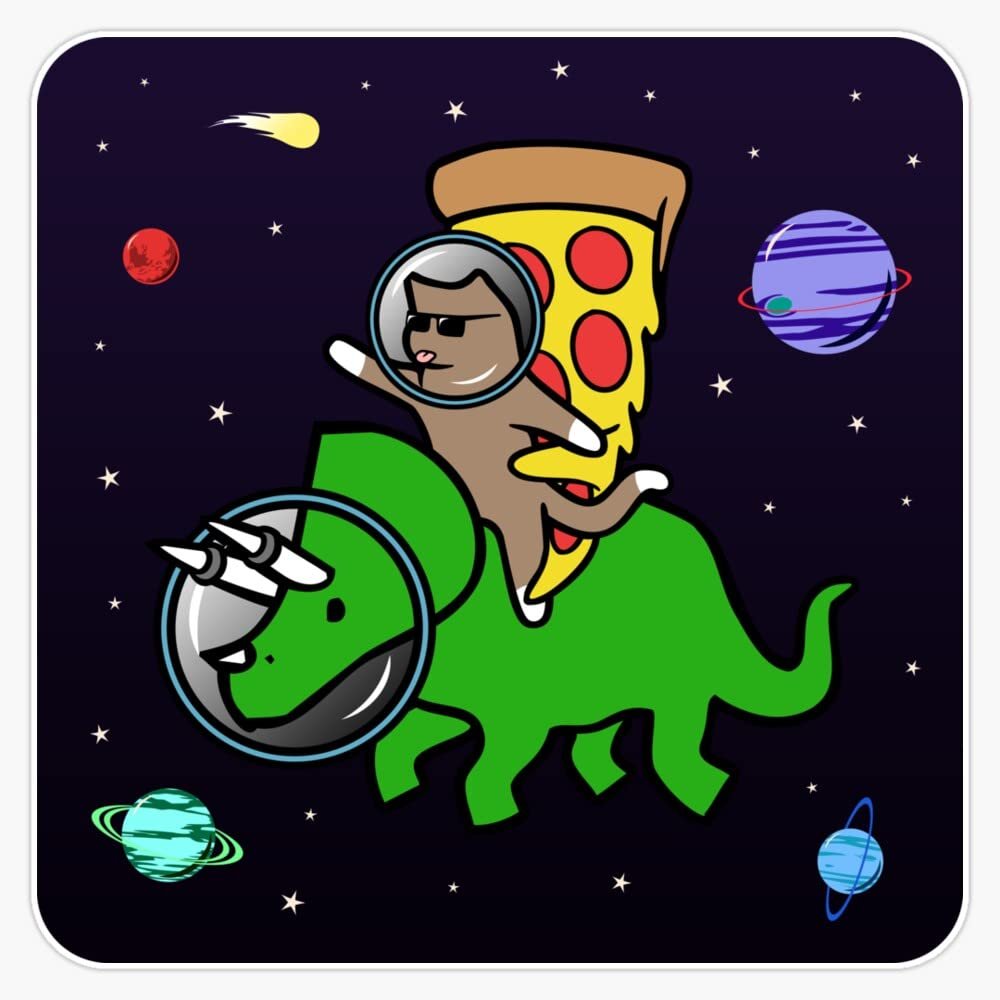 Cat and Pizza Riding Triceratops in Space Sticker Decal Size 5"