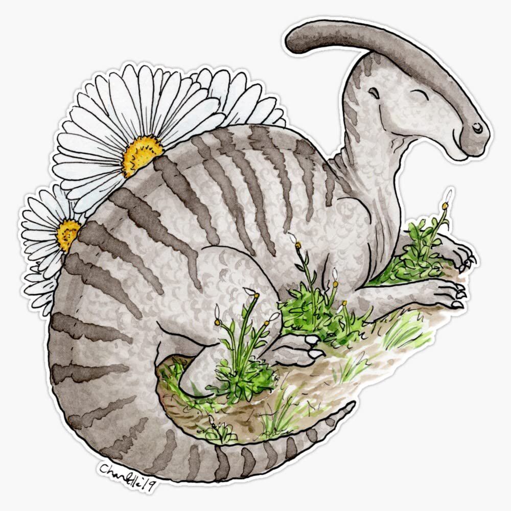 Parasaurolophus + Daisies Sticker Decal Size 5"