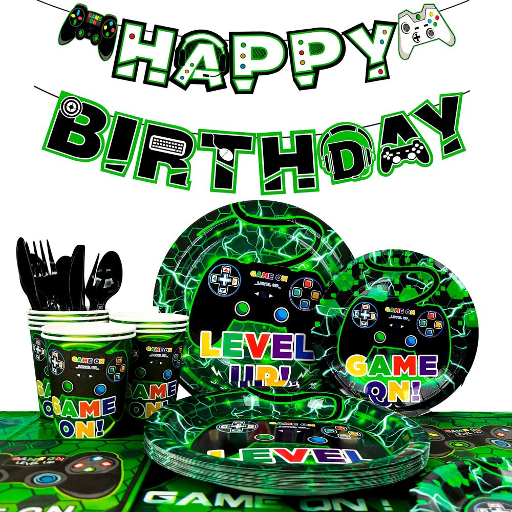 16 Guests Video Game Birthday Party Tableware, Video Game Plates and Napkins Party Supplies Includes Video Games Party Plates Cups Table Cloth Banner etc Gaming Birthday Party Decorations Supplies