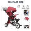 JMMD 8 in 1 Tricycle Stroller with Push Handle, Foldable Trike with 360 Swivel Seat, Reclining Backrest, All-Terrain Wheels, Dual Brakes, Canopy & Storage, Gift for Kids 18 Months to 5 Years, Red view 3