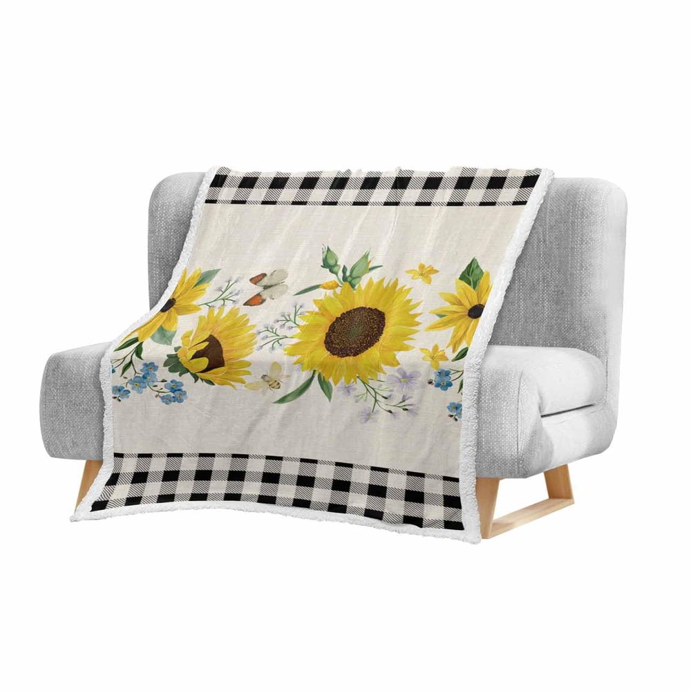 Baby Blanket Toddler Blanket Sherpa Fleece Kids Blanket, Super Soft Warm Baby Blankets for Boys Girls Newborn, Farmhouse Country Sunflower Spring Plant Buffalo Plaid Check Throw Blanket 50x60in