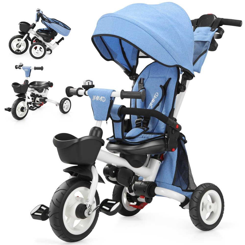 JMMD 8 in 1 Tricycle Stroller with Push Handle, Foldable Trike with 360 Swivel Seat, Reclining Backrest, All-Terrain Wheels, Dual Brakes, Canopy & Storage, Gift for Kids 18 Months to 5 Years, Blue