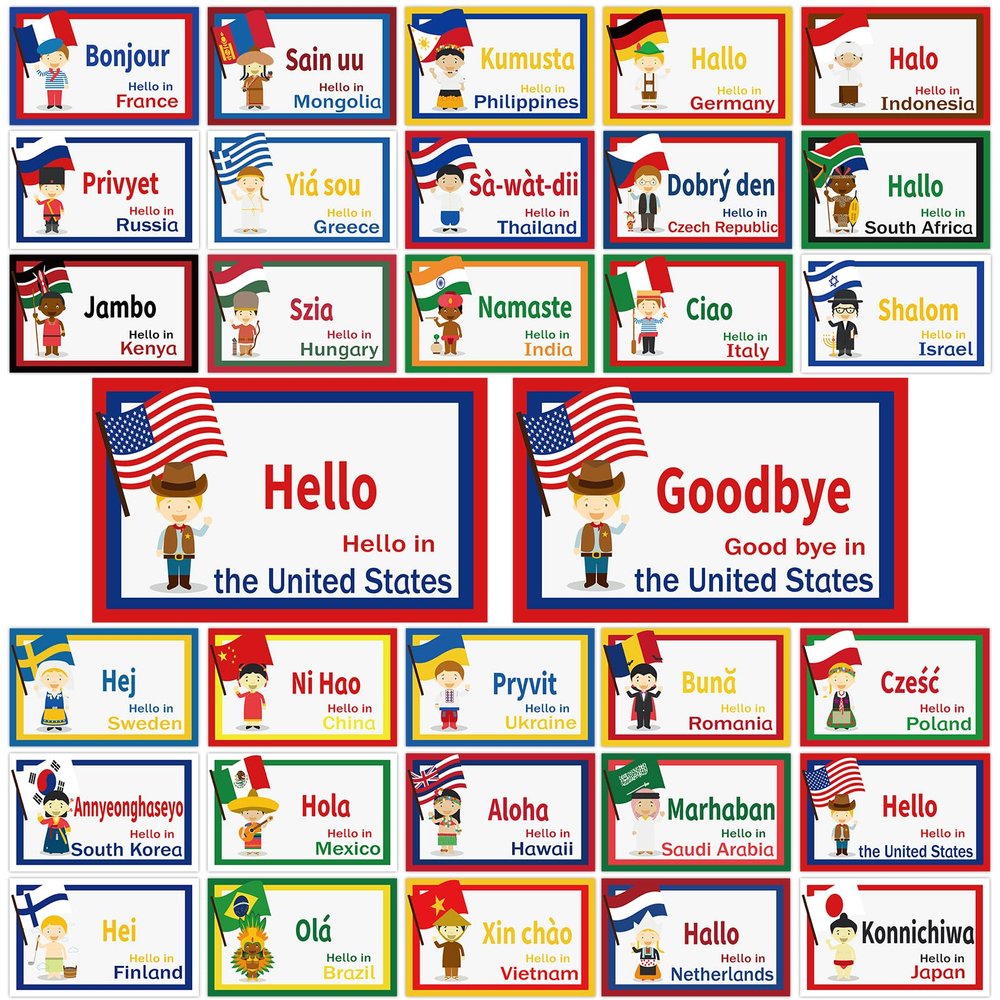 30Pcs Greetings from Around The World Cutouts Diversity Learning Languages Classroom Decorations Multicultural Languages Cutouts Supplies for Classroom School Home Decor