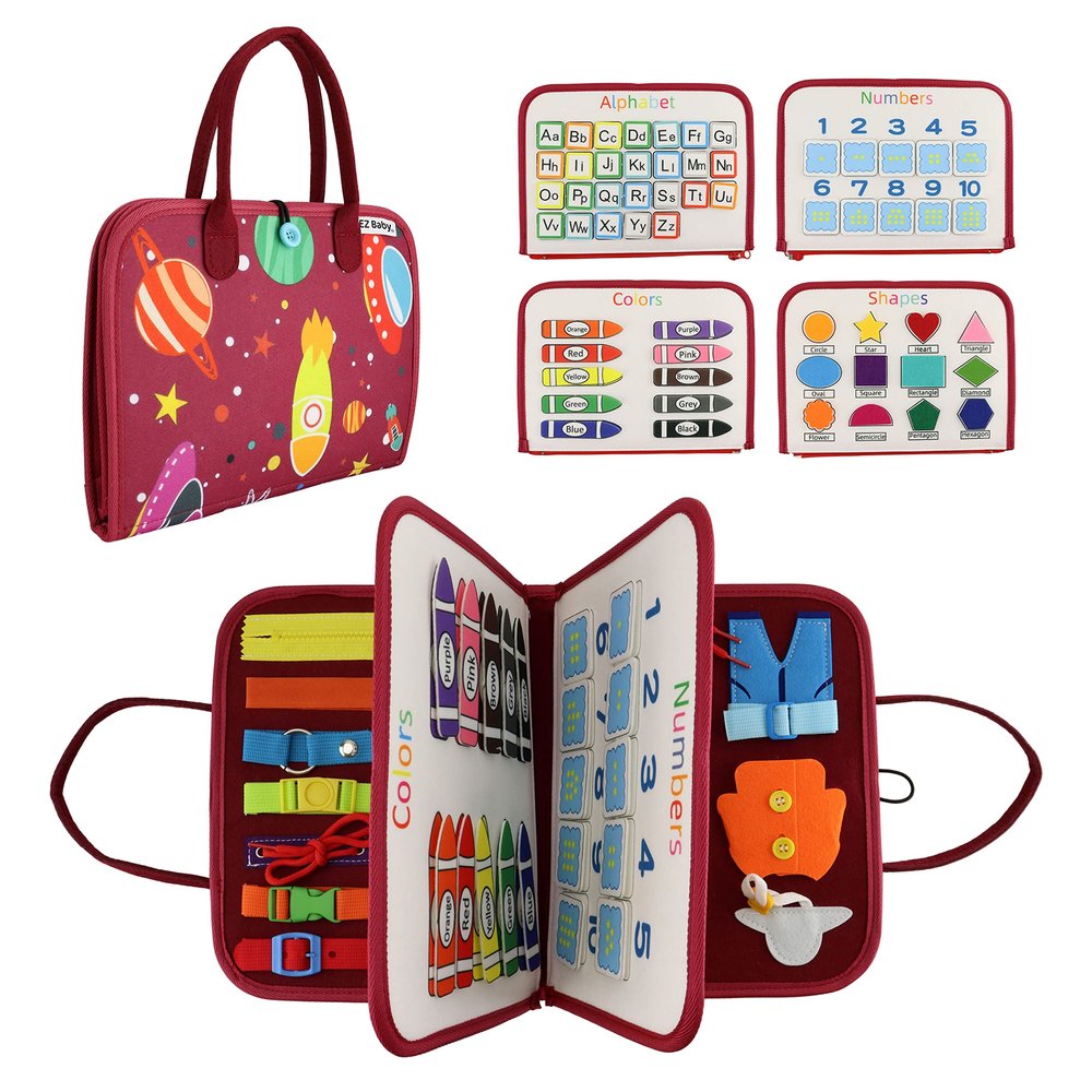 EZ Baby Busy Book for Toddlers 1-3, Montessori Busy Board for 3 Year Old, Kid Travel Busy Board for Toddlers 1+, Sensory Book, Airplane Activities Toy, Educational Motor Skills Boys and Girl 2-4, Red