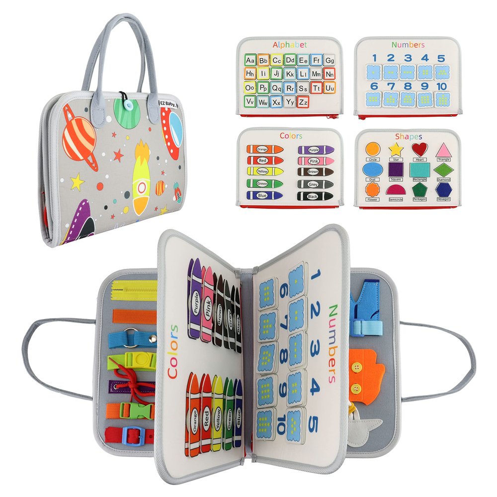 EZBaby Busy Book for Toddlers 1-3, Montessori Busy Board for 3 Year Old, Kid Travel Busy Board for Toddlers 1+, Sensory Book, Airplane Activities Toy, Educational Motor Skills Boys and Girl 2-4, Gray