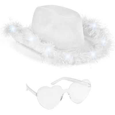 Funcredible White LED Cowboy Hat & Heart Glasses  Light-Up Cowgirl Costume Accessory Set for Festivals, Concerts & Photo Shoots