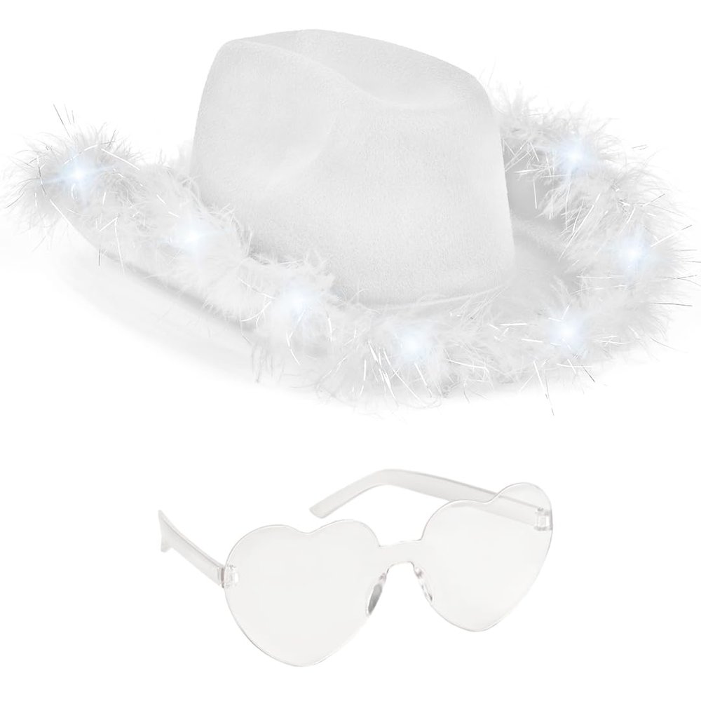 Funcredible White LED Cowboy Hat & Heart Glasses  Light-Up Cowgirl Costume Accessory Set for Festivals, Concerts & Photo Shoots