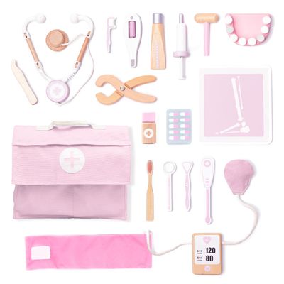 UMU Wooden Doctor Kit for Kids 18 pcs Doctor and Dentist Play Set for Toddlers with Stethoscope, Syringe, Tooth Model & More Medical Pretend Play Toy for Girls Ages 3 4 5 6