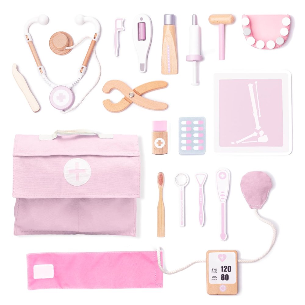 UMU Wooden Doctor Kit for Kids  18 pcs Doctor and Dentist Play Set for Toddlers with Stethoscope, Syringe, Tooth Model & More  Medical Pretend Play Toy for Girls Ages 3 4 5 6