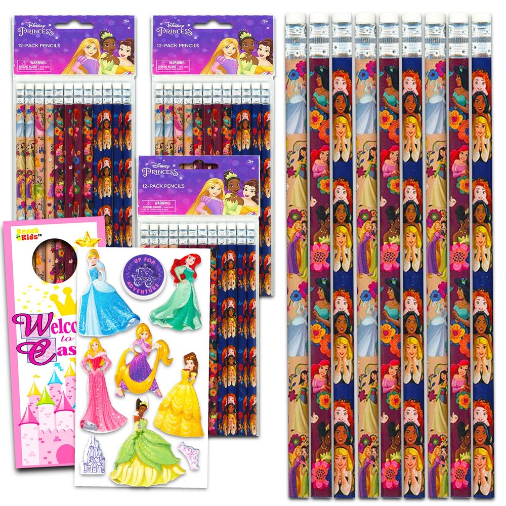 36 Pc Disney Princess Pencils for Kids - Disney Princess School Supplies Bundle with 36 Princess Pencils, Princess Stickers, and More | Disney Princess Classroom Supplies