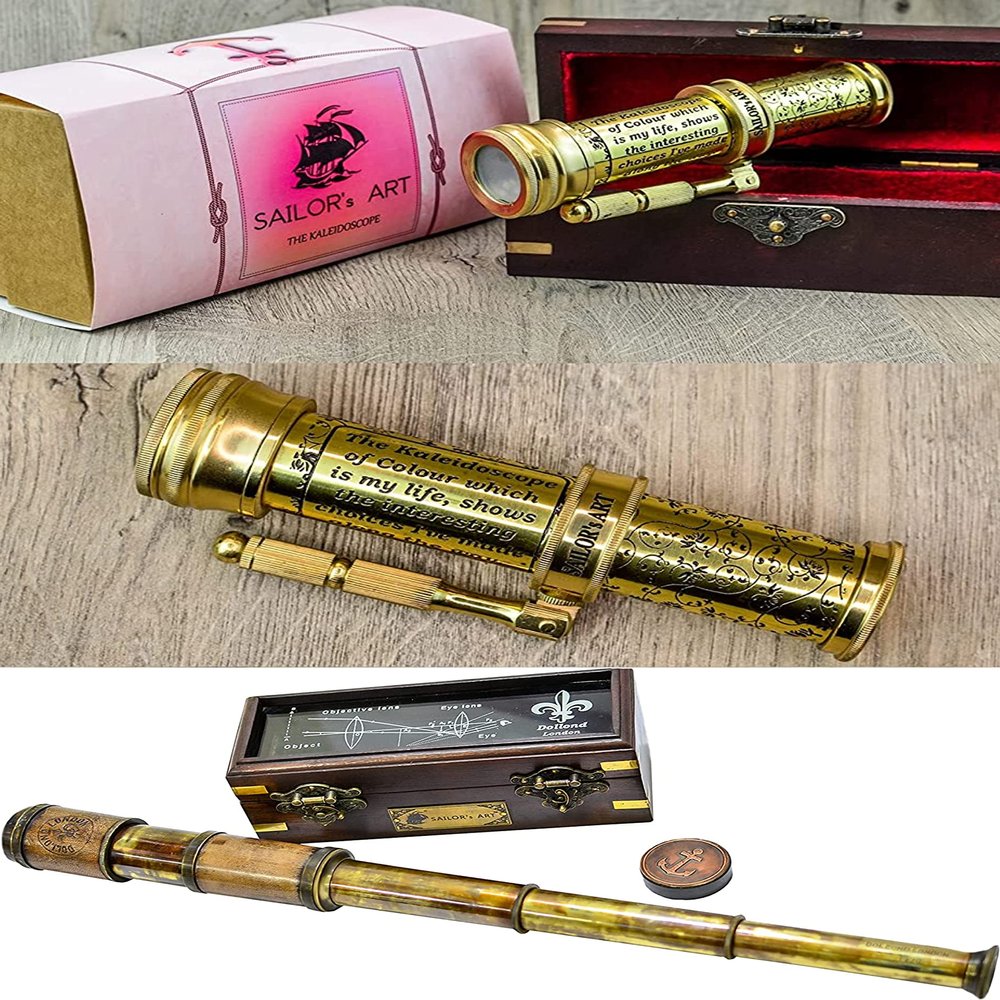 Sailor's Art Brass Kaleidoscope with Wooden Box and Dollond London Telescope with Wooden Box