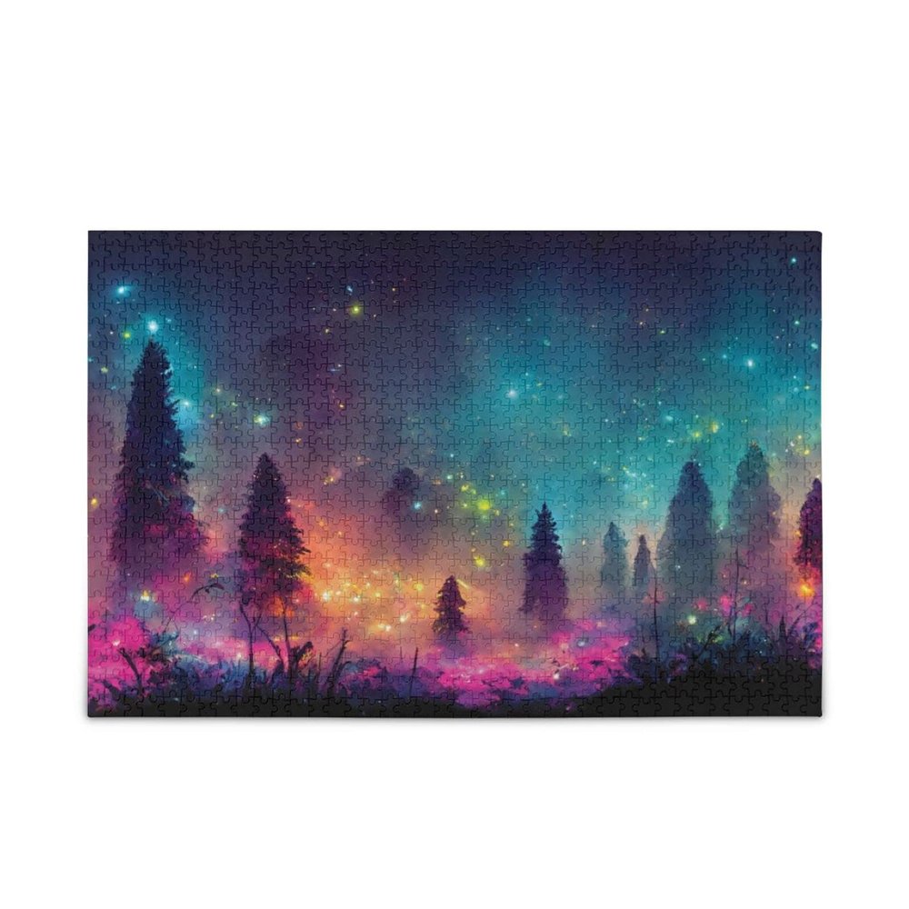 ZENWAWA Wooden Jigsaw Puzzle 1000 Pieces Fantasy Night Forest Print, Zigsaw with Alphabet Partition Storage Bag Easy to Solve for Adults