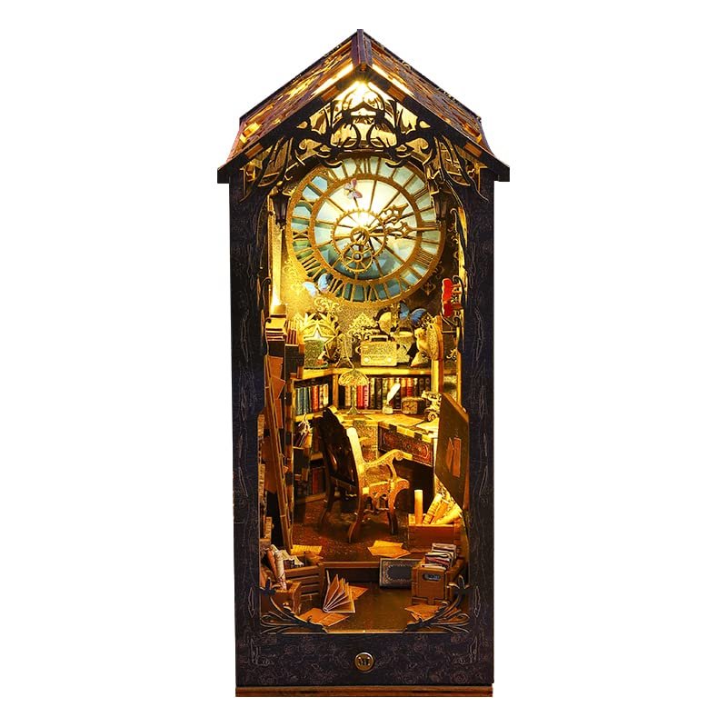 3D Wooden Puzzle Bookshelf Insert Decor with Sensor Light Music Box,DIY Dollhouse Miniature Book Nook Assemble Kit,Bookends Model Build-Creativity Kit for Adults Women Birthday Gift (Detective Agency)