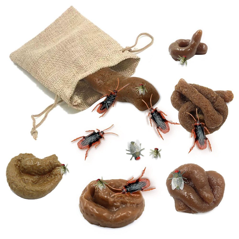 18 PCS Fake Flies Green Big Flies Fake Roaches Cross-Border Plastic Insect Flies Fake Poo Creative Novelty Funny Toy Soft Poo Set for Parties April Fool's Day