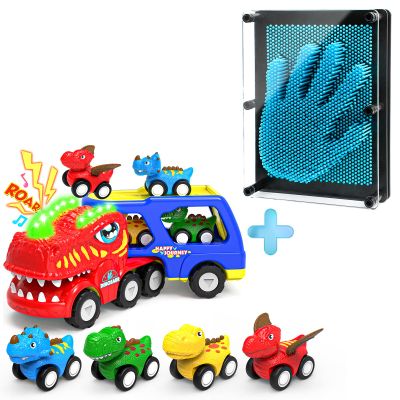 3D Pin Art Sensory Toy (Light Blue) and 5 in 1 Friction Powered Dinosaur Toy Trucks with Flashing Light & Sound Bundle, Toddler Toys with 4 Dino Toy Cars for 1 2 3 4 5 6 7 8 Year Old Kid Boys Girls