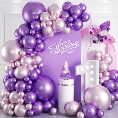 100pcs Metallic Pink Purple Balloon Garland Kit, Metallic Purple Metallic Pink Balloons Different Sizes 18/12/10/5 inch for Wedding Anniversary Birthday Bachelorette Bridal Shower Party Decorations
