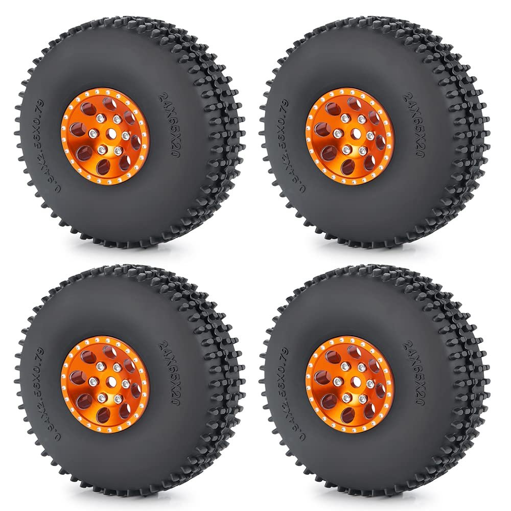QUPA AM STORE 1.0 Beadlock Wheel Tires Wheel Rims Set for 1:18 TRX4M Axial 1:24 SCX24 Gladiator Deadbolt Bronco (Orange)
