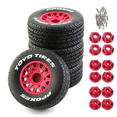Chanmoo 1/10 RC Short Course Truck Tires And Wheels With 12mm 14mm 17mm Hex 113mm 1/8 Rubber Tyres For 1/8 or 1/10 Scale On Road Car HSP Sonic 94102 GT PTG-2 Tamiya TT02 RC Racing Car 4PCS (Red A)