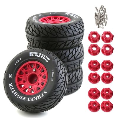Chanmoo 1/10 RC Short Course Truck Tires And Wheels With 12mm 14mm 17mm Hex 113mm 1/8 Rubber Tyres For 1/8 or 1/10 Scale On Road Car HSP Sonic 94102 GT PTG-2 Tamiya TT02 RC Racing Car 4PCS (Red B)
