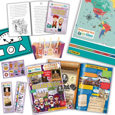 Mysteries in Time Tudor Elizabethan Activity Pack for Kids aged 6-11, with history Book & Magazine, perfect for screen-free Christmas gift Plane, Travel, Holiday, Wedding, Homeschool Fun Tudors