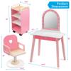 Pretend Hair Salon Wooden Play Set- Full Vanity Mirror with Chair & Rolling Cart- Playset Includes Blow Dryer, Brush, Styling Cutting Tools- Girls Hair Dresser Stand Center, Stylist Fun, Gift for Kids view 2