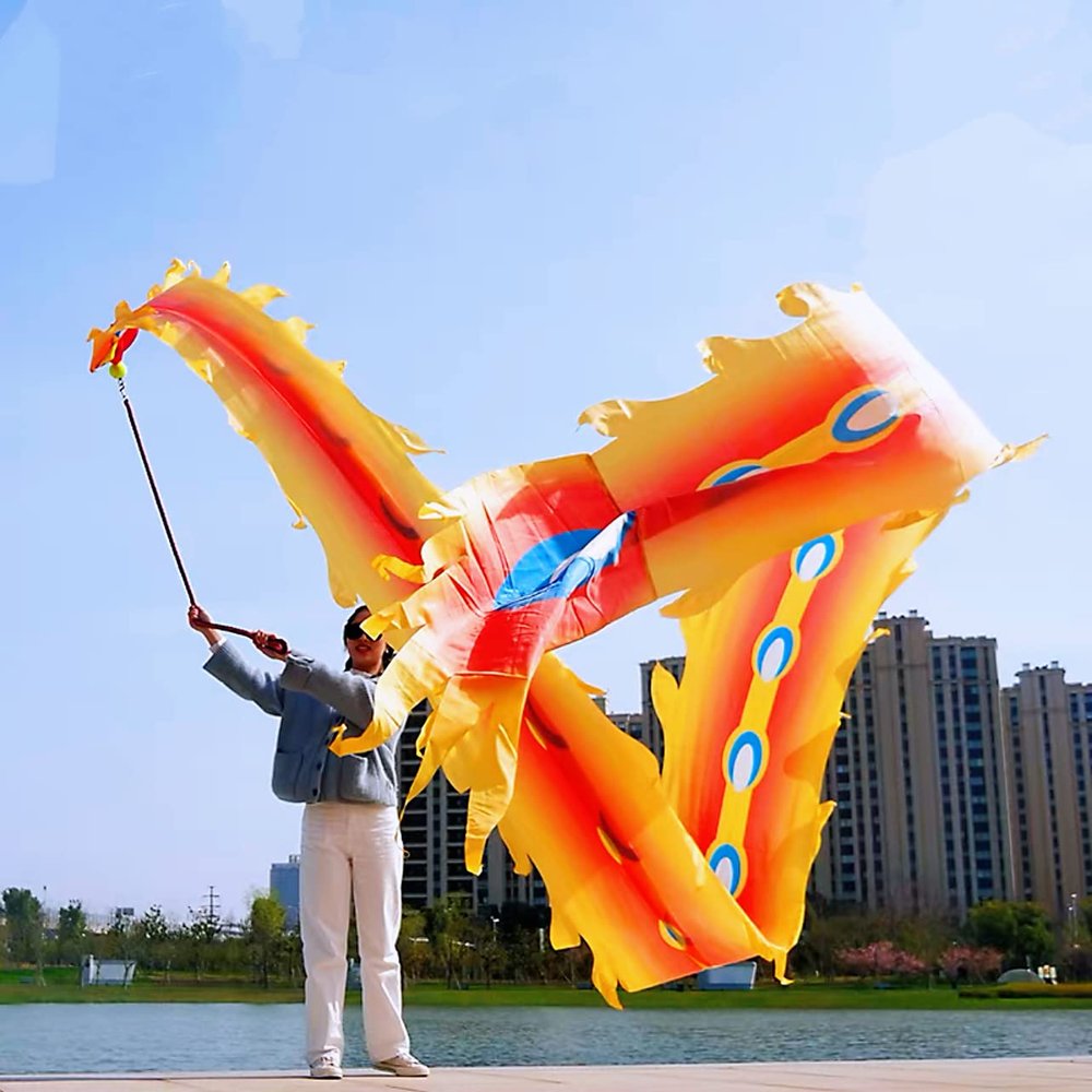 6 Meters (19.6 FT) 3D Square Exercise Dragon & Phoenix Poi with 340g Weighted Ball & 1.1 Meters Swing Rope, Silk-like Flowy Chinese Golden Phoenix Ribbon Streamer + Travel Bag! (Yellow Phoenix)