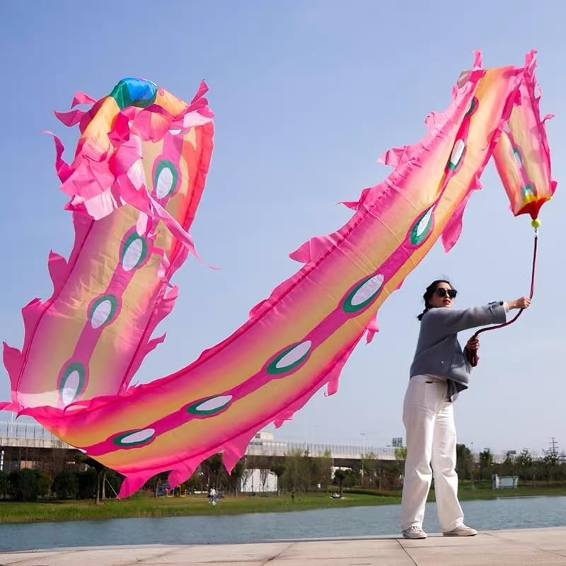 6 Meters (19.6 FT) 3D Square Exercise Dragon & Phoenix Poi with 340g Weighted Ball & 1.1 Meters Swing Rope, Silk-like Flowy Chinese Golden Phoenix Ribbon Streamer + Travel Bag! (Pink Phoenix)