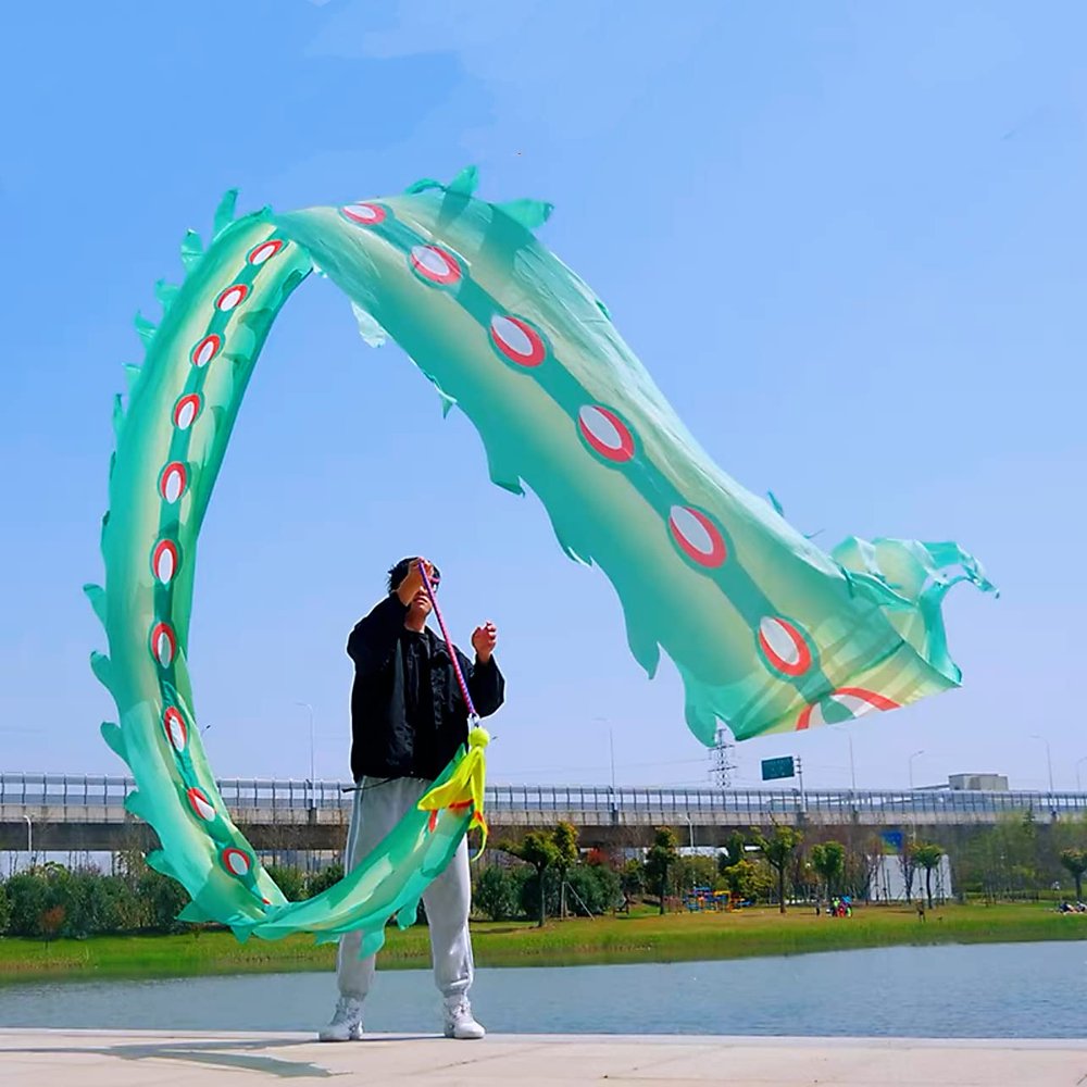 6 Meters (19.6 FT) 3D Square Exercise Dragon & Phoenix Poi with 340g Weighted Ball & 1.1 Meters Swing Rope, Silk-like Flowy Chinese Golden Phoenix Ribbon Streamer + Travel Bag! (Green Phoenix)
