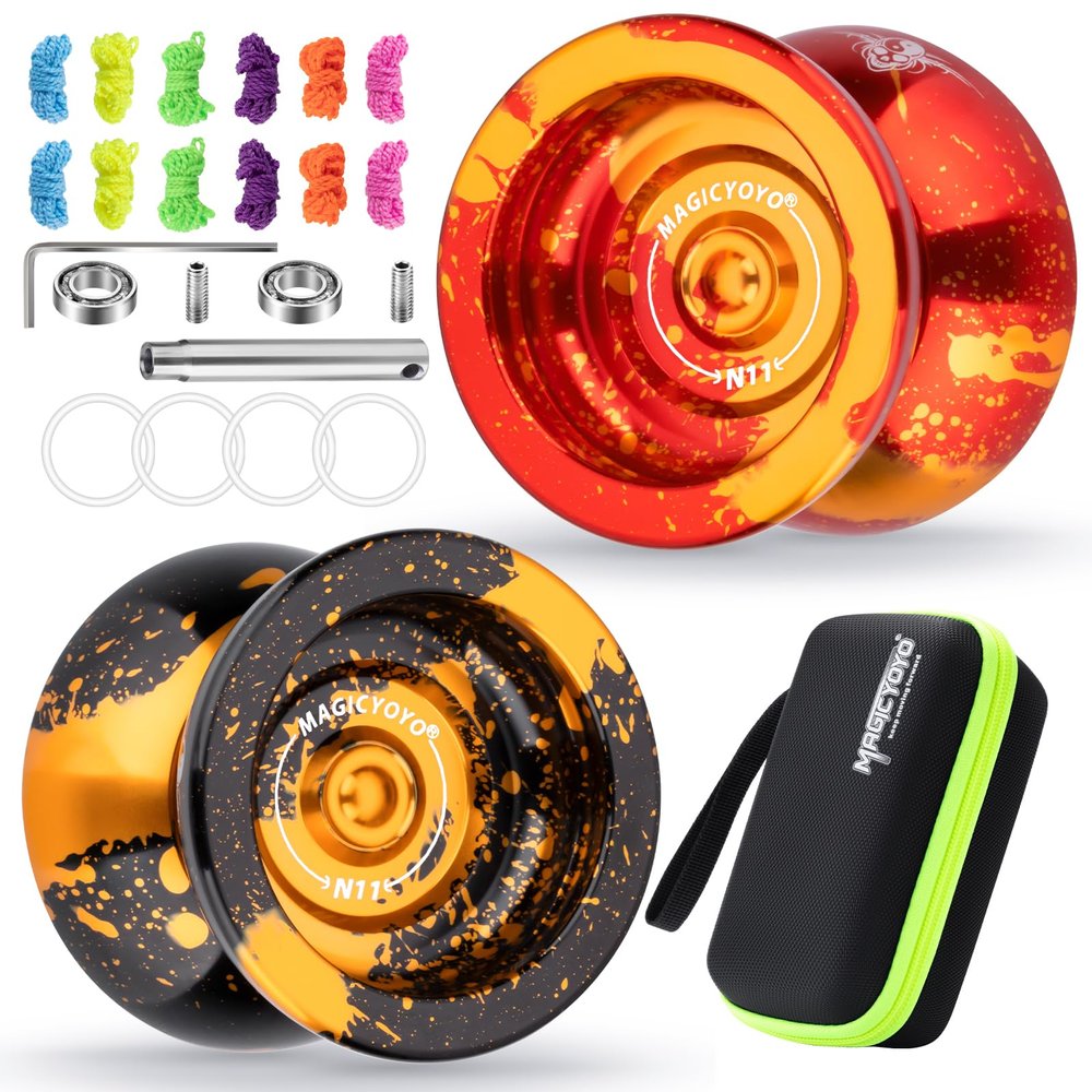 MAGICYOYO Unresponsive Yoyo N11 for Adults/Advanced, Professional Alloy Aluminum Yo-yo 2 Pack, Replacement Responsive Bearing for Kids Beginner+12 Yo yo Strings+2 Holes Case Bag+ Bearing Kit