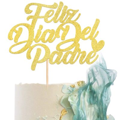 1 Pack Feliz Da Del Padre Cake Topper Glitter Happy Father's Day Cake Picks Spanish Feliz Cumpleaos Papa Cake Decoration for Happy Father's Day Party Supplies Gold