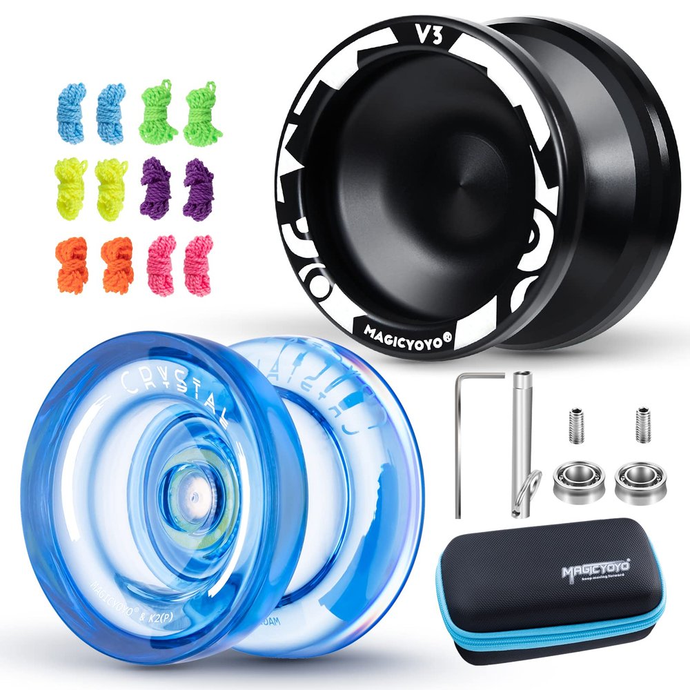 MAGICYOYO Responsive Yoyos for Kids Beginners, Pro Yo-yo 2 Pack, Dual Funtion Trick Yoyo V3 + Cystal Yoyo K2 with 12 Yo-yo Strings, 2 Holes Case Bag, Accessory Kit (V3 Black + K2 Blue)
