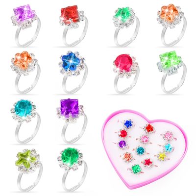 Volance 12pcs Adjustable Rings for Dress Up, Festive Gift for Girls' Play & Princess Jewelry