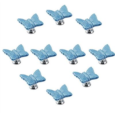 10PCS Blue Cute Butterfly Shape Porcelain Ceramic Door Knobs Single-Hole Kitchen Cabinet Cupboard Handle Pull - Candy Color Baby Kid's Children's Furniture Drawer Handles Decorative (Blue)
