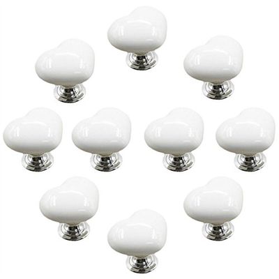 10PCS 50mm White Cute Heart Shape Ceramic Knobs,Candy Color Baby Kid's Children's Furniture Handles Pulls for Door Cabinet Drawer Cupboard Dresser Bin Chest Bookcase etc with Screws(White 38mm)