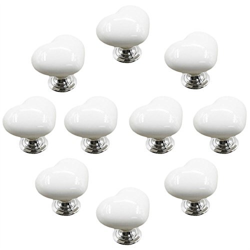 10PCS 50mm White Cute Heart Shape Ceramic Knobs,Candy Color Baby Kid's Children's Furniture Handles Pulls for Door Cabinet Drawer Cupboard Dresser Bin Chest Bookcase etc with Screws(White 38mm)