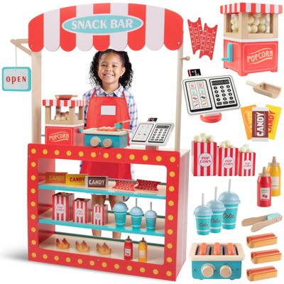 Movie Theatre Snack Bar Wooden Playset- Pretend Concession Stand Fun- Full Set w Popcorn Machine, Hot Dogs, Candy Bars, Sodas Cash Register, Credit Card- Kids Food Activity Center- Home or Daycare Toy