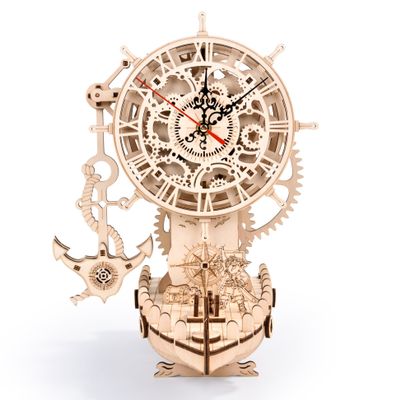 3D Wooden Puzzle Mechanical Clock Pirate Ship DIY Model Kit for Adults & Teens, Build-Your-Own Wood Craft, Working Clock, Unique Gift & Nautical Home Decor