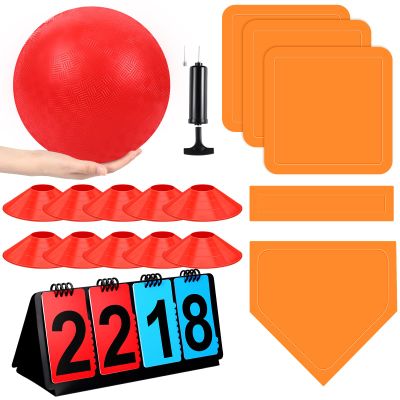 Jenaai 18 Pcs Sports Kickball Set Includes Playground Ball 5 Rubber Throw Down Bases Ball Pump Scoreboard Net Bag 10 Foul Line Cones for Adults Playground Backyard Game (10 Inch,Red)