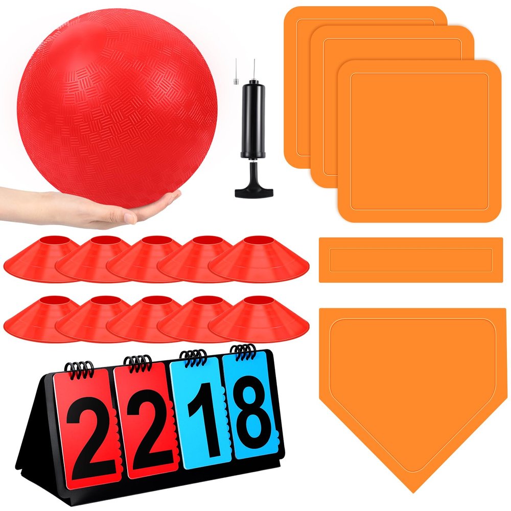 Jenaai 18 Pcs Sports Kickball Set Includes Playground Ball 5 Rubber Throw Down Bases Ball Pump Scoreboard Net Bag 10 Foul Line Cones for Adults Playground Backyard Game (10 Inch,Red)
