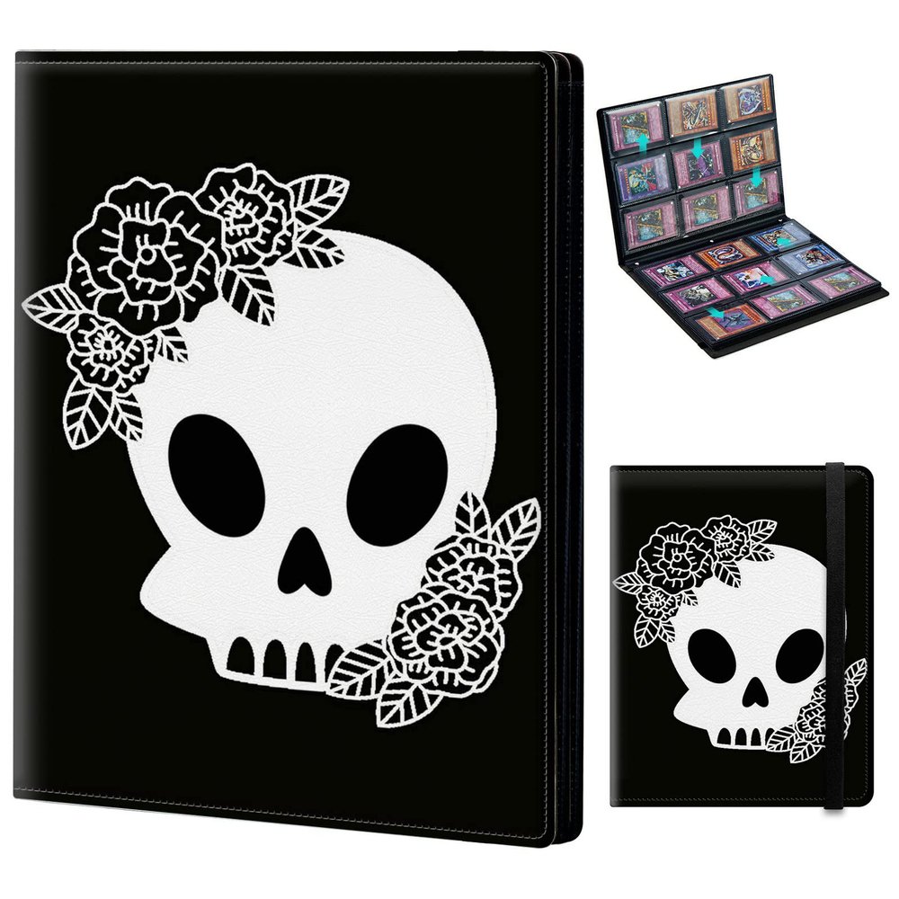 Trading Card Binder 9-pocket Card Holder Binder for Baseball Football Hockey Sport Mtg TCG YUGIOH Card Binder Album 720 Cards Side Load + Elastic Band-Black Skull